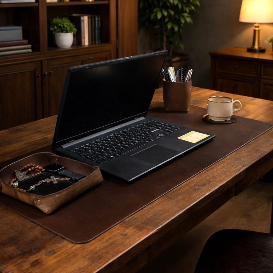 Desk Pad de Couro Marrom